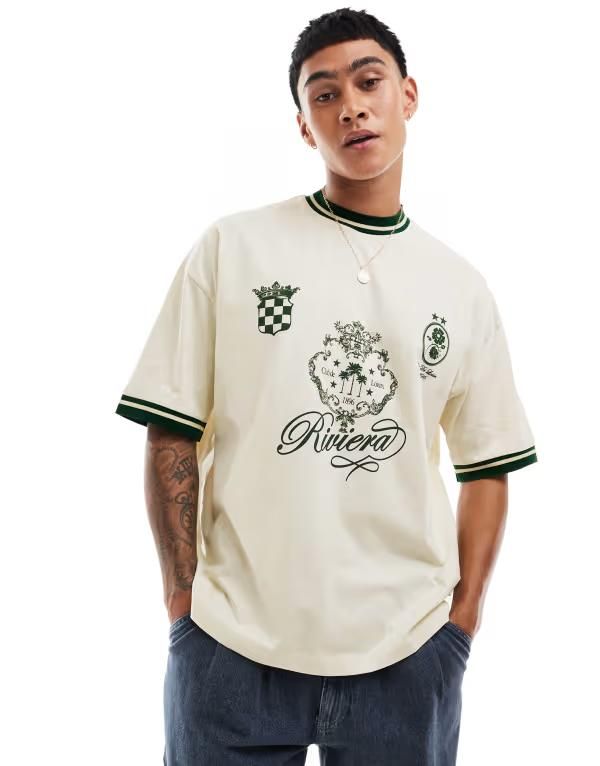 エイソス メンズ トップス Tシャツ プリント ASOS DESIGN oversized Tshirt with soccer print Offwhite オフホワイト