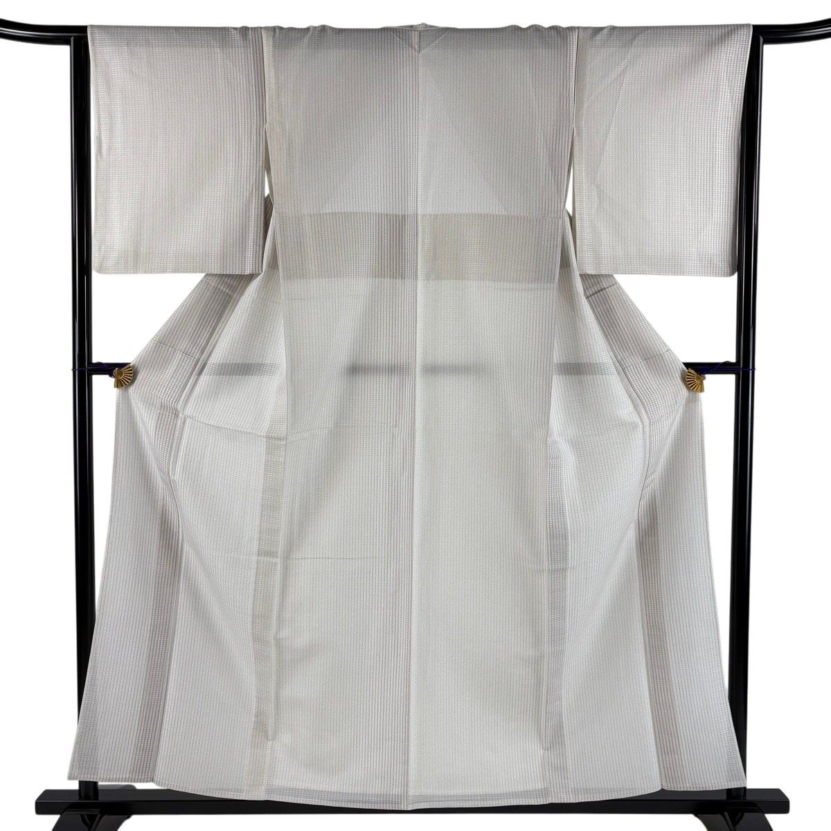【美品】 小紋 身丈157.5cm 裄丈64cm M 薄物 縦縞 灰白 正絹 秀品 【中古】