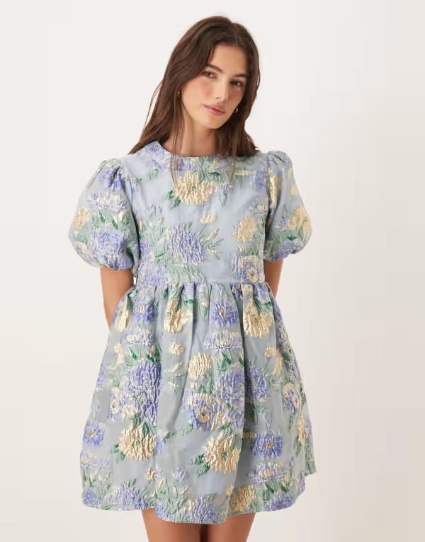 シスタージュン レディース トップス ワンピース フラワー柄 ミニ フラワー Dream Sister Jane Honey exclusive jacquard puff sleeve mini d