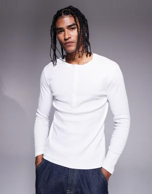 エイソス メンズ トップス Tシャツ ヘンリーネック シャツ ASOS DESIGN muscle fit long sleeve Tshirt with henley neck rib WHITE