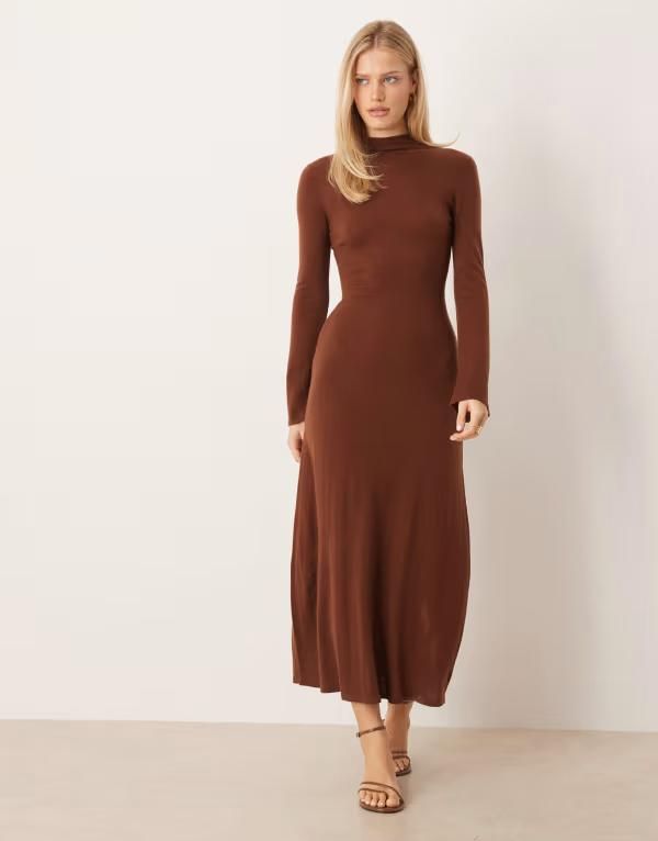マンゴ レディース トップス ワンピース ハイネック マキシ Mango high neck long sleeve maxi dress in caramel