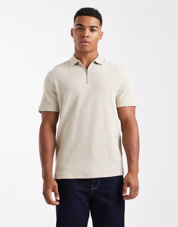 エイソス メンズ トップス ポロシャツ ASOS DESIGN zipolo shirt waffle Pelican ベージュ