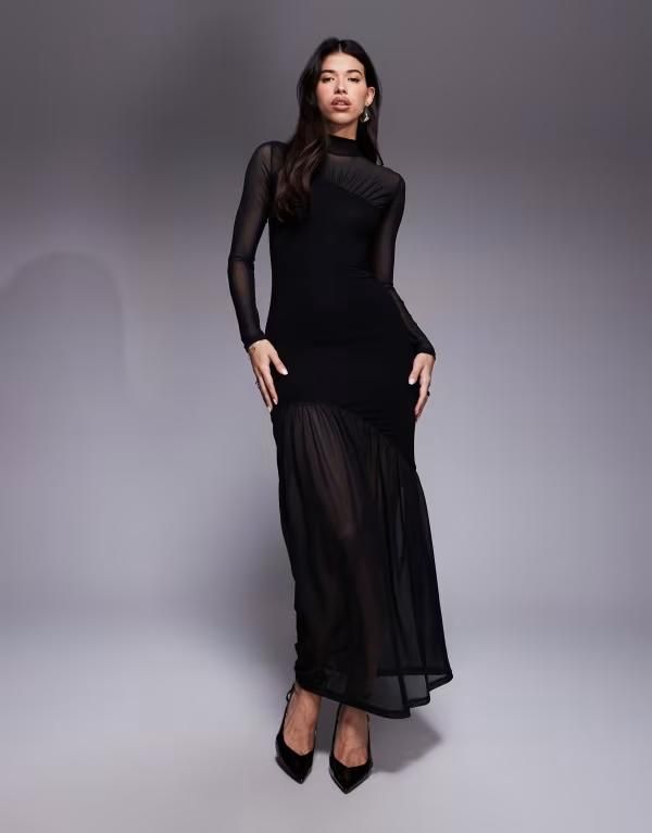 エイソス レディース トップス ワンピース ハイネック マキシワンピース メッシュ シアー マキシ ASOS DESIGN sheer paneled mesh high neck maxi dres