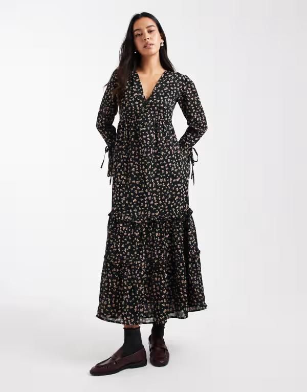 ウェンズデーガール レディース トップス ワンピース フラワー柄 フラワー Wednesdays Girl grunge floral floaty midaxi dress Black ブラック
