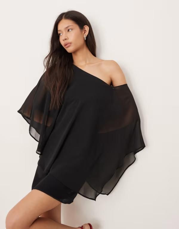 エイソス レディース トップス ワンピース シフォン ミニワンピース ミニ サテン ASOS DESIGN satin chiffon mix one shoulder mini dress Blac