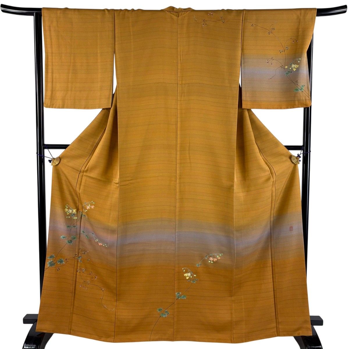 訪問着 身丈166.5cm 裄丈66.5cm M 袷 落款 枝花 金通し ぼかし オレンジ 正絹 秀品 【中古】