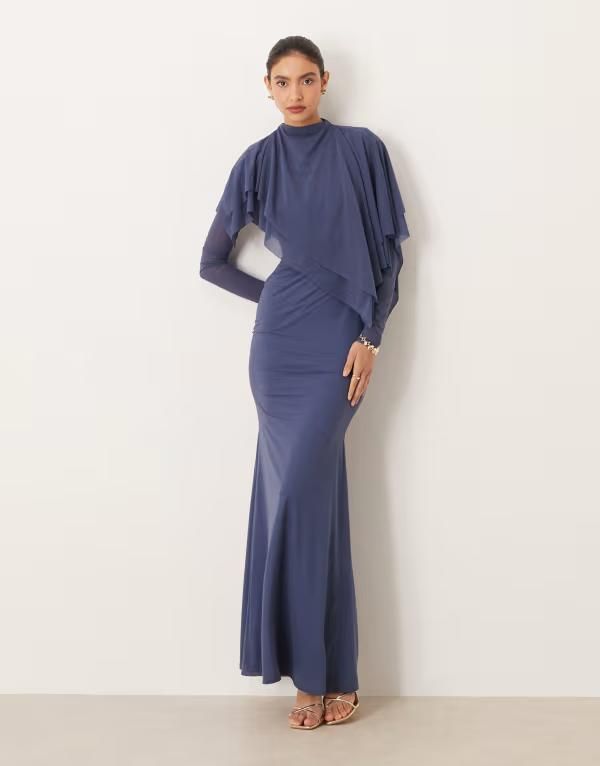 エイソス レディース トップス ワンピース シフォン マキシワンピース キャップ ケープ マキシ ASOS DESIGN stretch chiffon caped maxi dress BLUE ブ