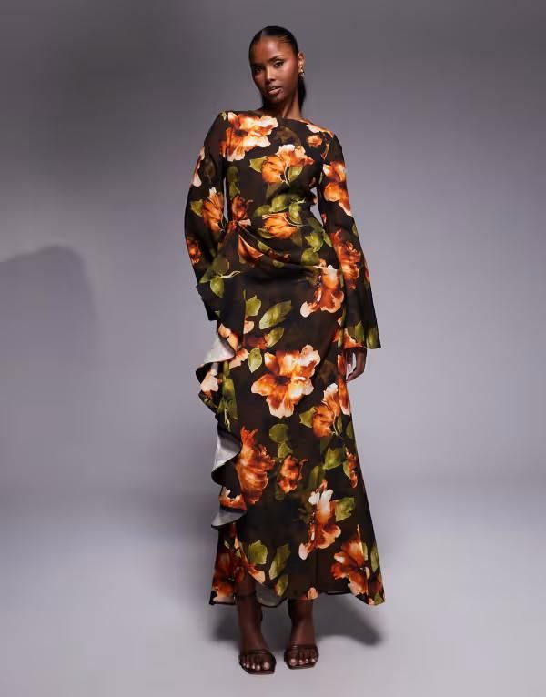 エイソス レディース トップス ワンピース マキシワンピース フラワー柄 プリント フリル スカート マキシ フラワー ASOS DESIGN long sleeve maxi dress with