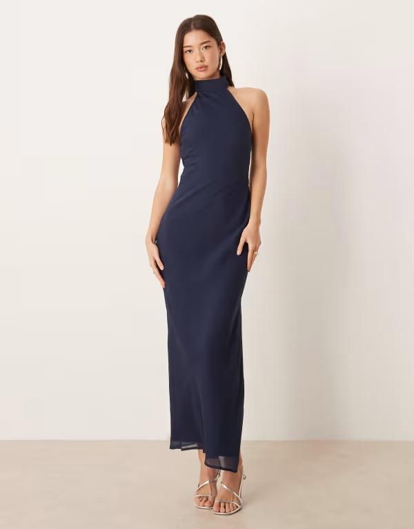 エイソス レディース トップス ワンピース シフォン ハイネック ミディ ASOS DESIGN chiffon high neck midi dress NAVY ネイビー
