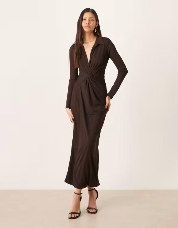 エイソス レディース トップス ワンピース ミディワンピース ミディ ASOS DESIGN collared twist detail midi dress in chocolate Chocola