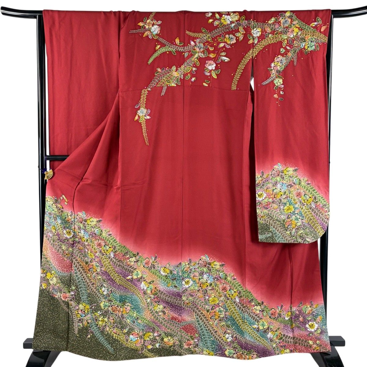 【美品】 振袖 身丈164cm 裄丈66cm M 袷 落款 辻が花柄 ぼかし 赤 正絹 秀品 【中古】