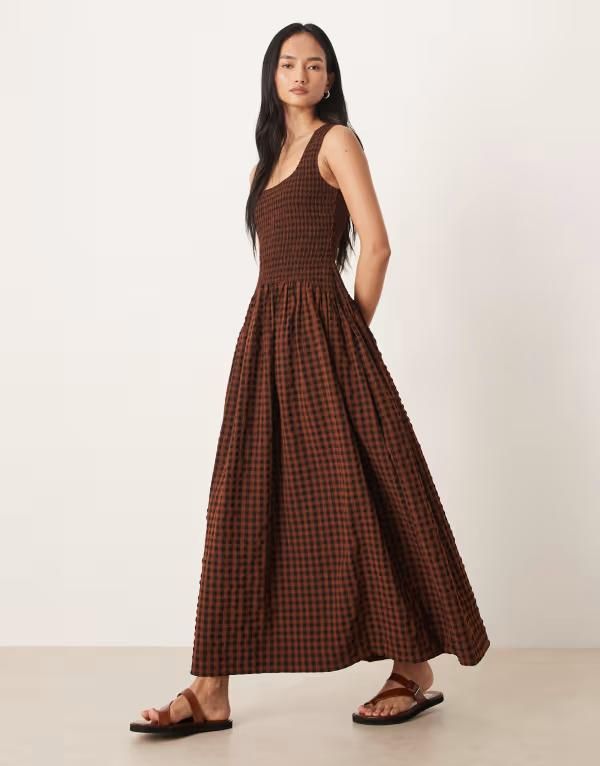 エイソス レディース トップス ワンピース ギンガムチェック ギンガム ASOS DESIGN crinkle scoop neck midaxi sundress with shirred wais