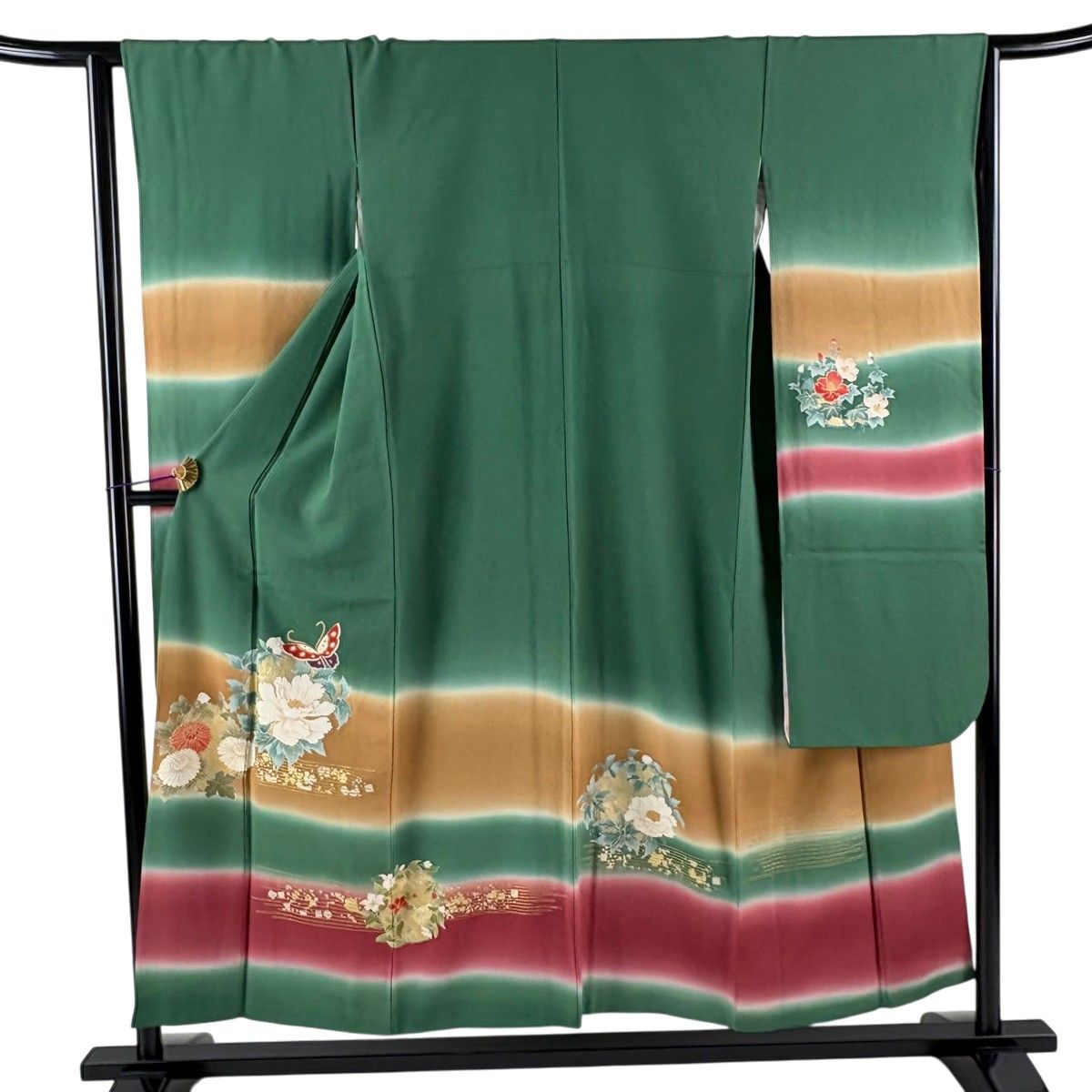 振袖 身丈153cm 裄丈64.5cm M 袷 牡丹 蝶 金銀彩 染め分け 緑 正絹 秀品 【中古】