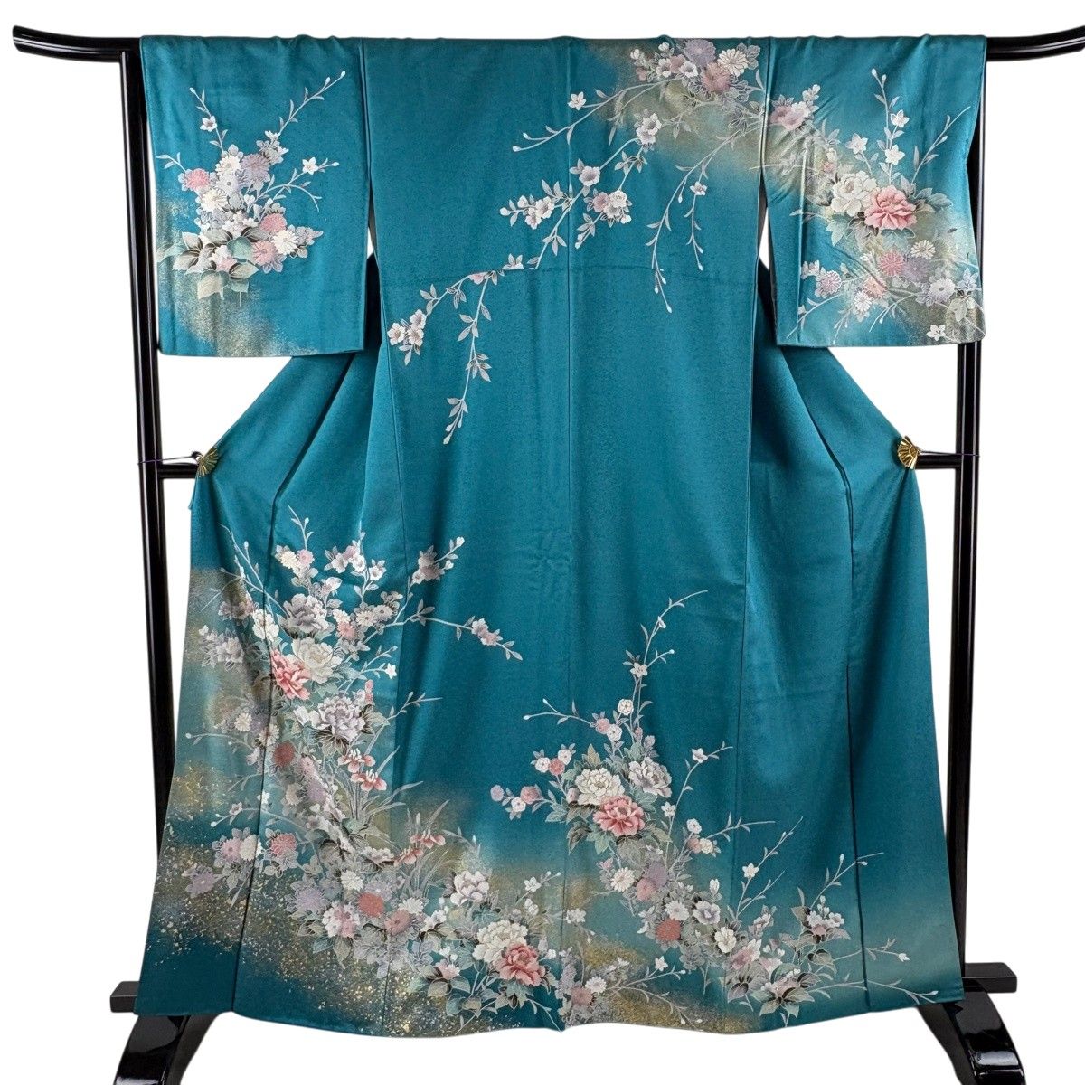 訪問着 身丈163.5cm 裄丈64.5cm M 袷 牡丹 菊 金銀彩 ラメ 青緑 正絹 秀品 【中古】