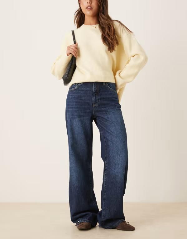 マンゴ レディース ボトムス デニムパンツ ワイドレッグ コットン ジーンズ Mango Danila 100 cotton wide leg jeans in dark Dark blue ブルー
