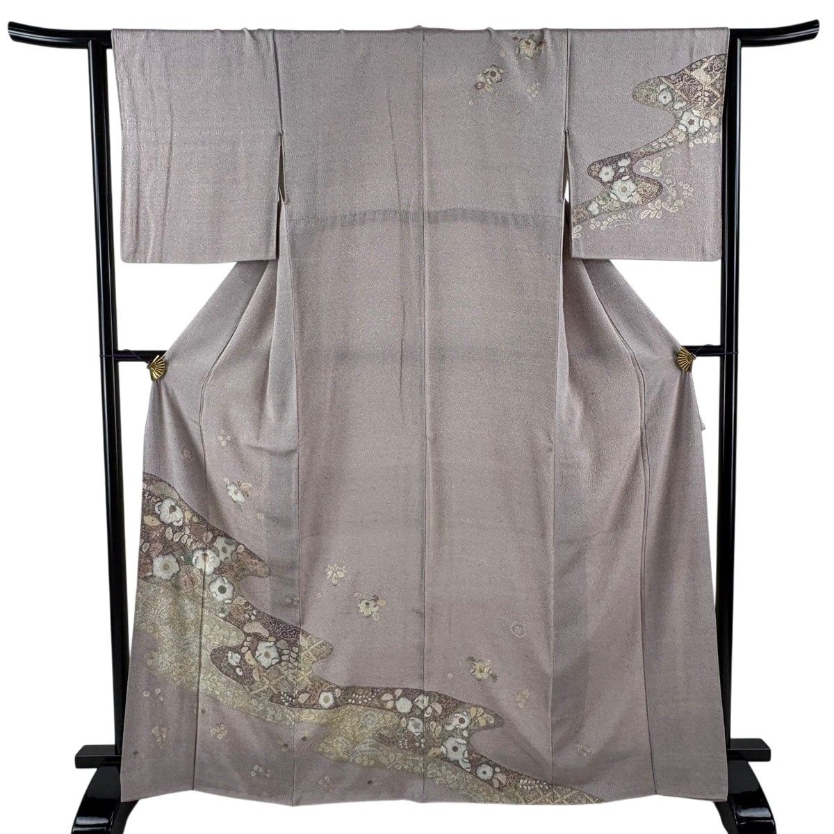 訪問着 身丈167cm 裄丈63cm S 袷 辻が花柄 霞 金彩 灰紫 正絹 秀品 【中古】