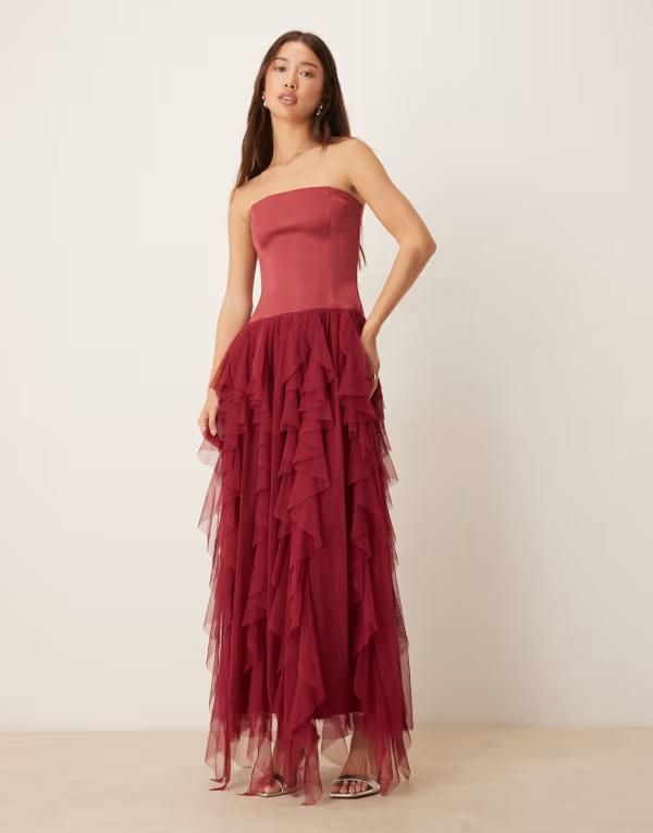 レース アンド ビーズ レディース トップス ワンピース チュール マキシワンピース フリル マキシ Lace Beads bandeau tulle ruffle detail maxi dress