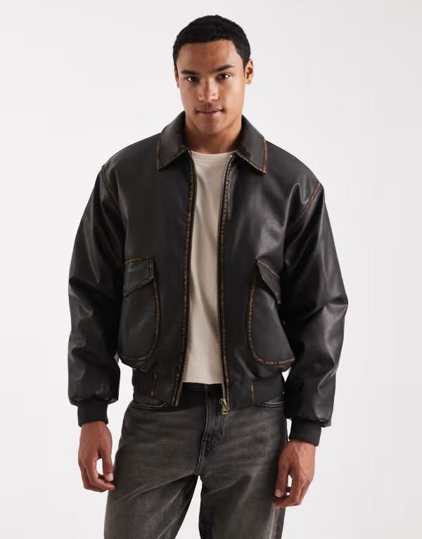 コットンオン メンズ アウター ジャケット・ブルゾン ヴィンテージ レザー フェイクレザー ジャケット Cotton On vintage faux leather bomber jacket in