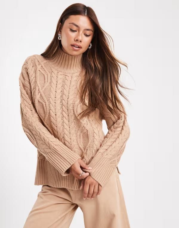 ブレーブソウル レディース アウター ニット・セーター ハイネック セーター ニット Brave Soul chunky cable knit high neck sweater in camel C