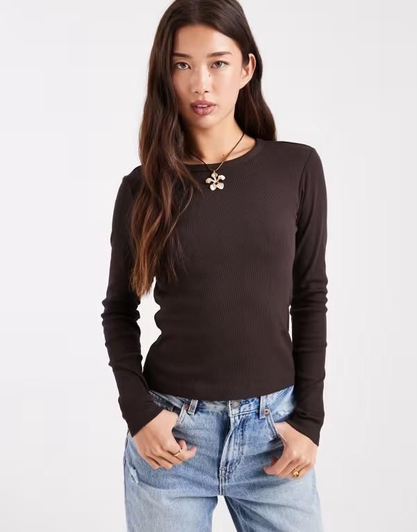 ヴェロモーダ レディース トップス Tシャツ リブ Vero Moda long sleeve baby ribbed top Chocolate torte チョコレート