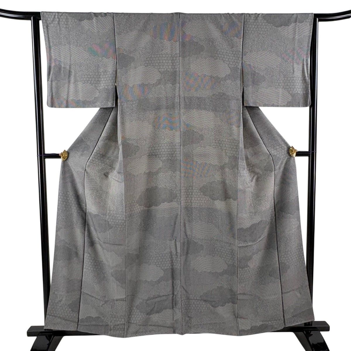 【美品】 江戸小紋 身丈158.5cm 裄丈62cm S 袷 雲文 寄せ柄 黒灰 正絹 秀品 【中古】