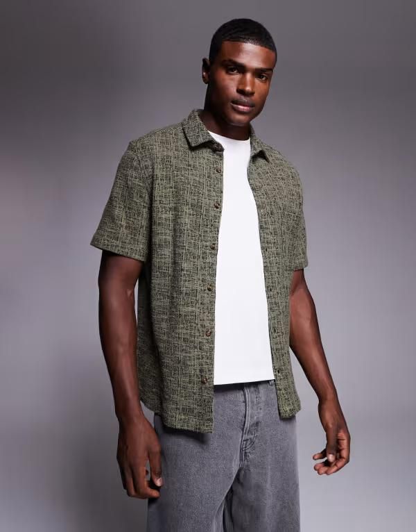 エイソス メンズ トップス シャツ レギュラーフィット ASOS DESIGN regular fit jacquard shirt Khaki カーキ