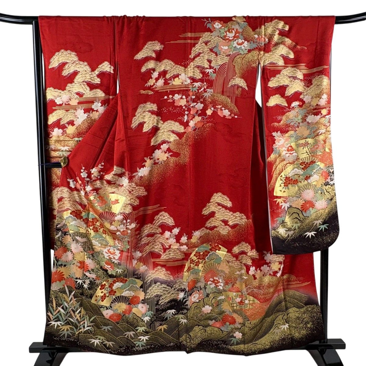 振袖 身丈159cm 裄丈66cm M 袷 扇 松竹梅 金糸 金彩 赤 正絹 秀品 【中古】