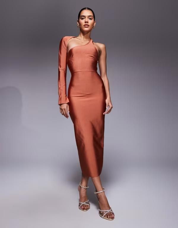 エイソス レディース トップス ワンピース ミディワンピース ミディ ASOS DESIGN bandage wrap around neckline one sleeve midi dress in