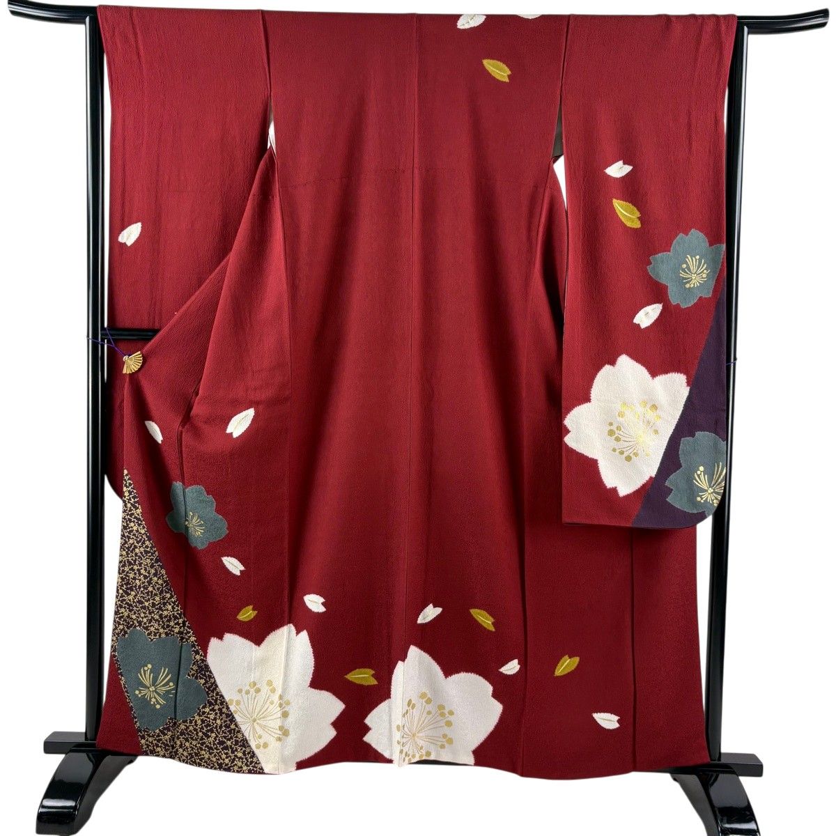 振袖 身丈161cm 裄丈65cm M 袷 桜 梅 絞り 金彩 えんじ色 正絹 秀品 【中古】