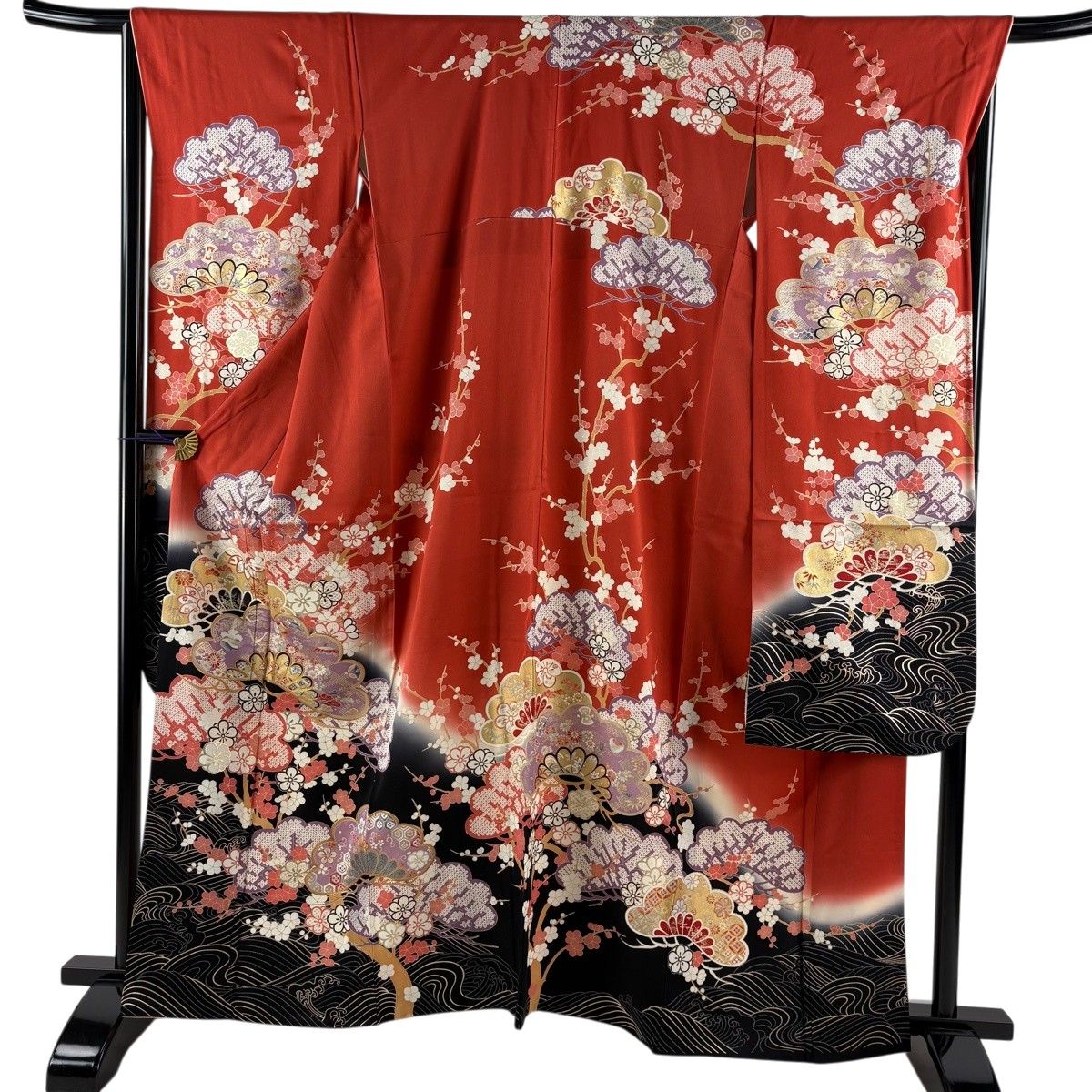 振袖 身丈162cm 裄丈68cm L 袷 松 宝尽くし 金糸 金彩 茜色 正絹 秀品 【中古】