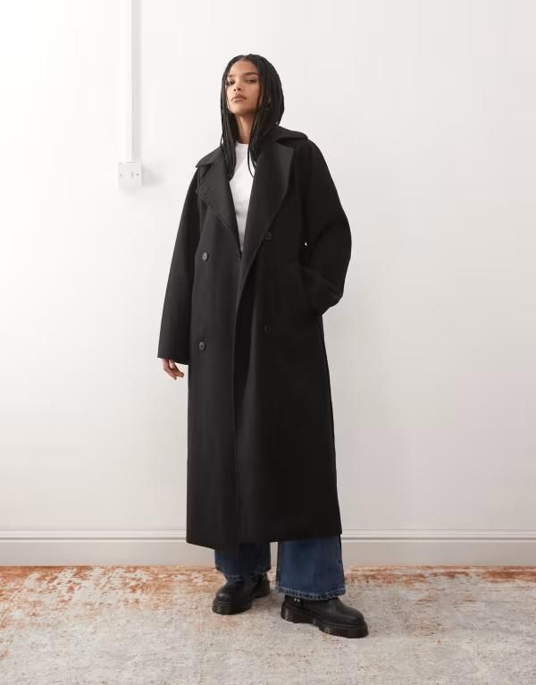 ウィークデイ レディース アウター コート ウール Weekday Kia wool blend oversized coat with tie waist detail Black ブラック