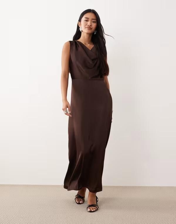 ヴィラ レディース トップス ワンピース ミディワンピース ミディ サテン VILA cowl neck satin midi dress in chocolate Coffee Bean SOLID