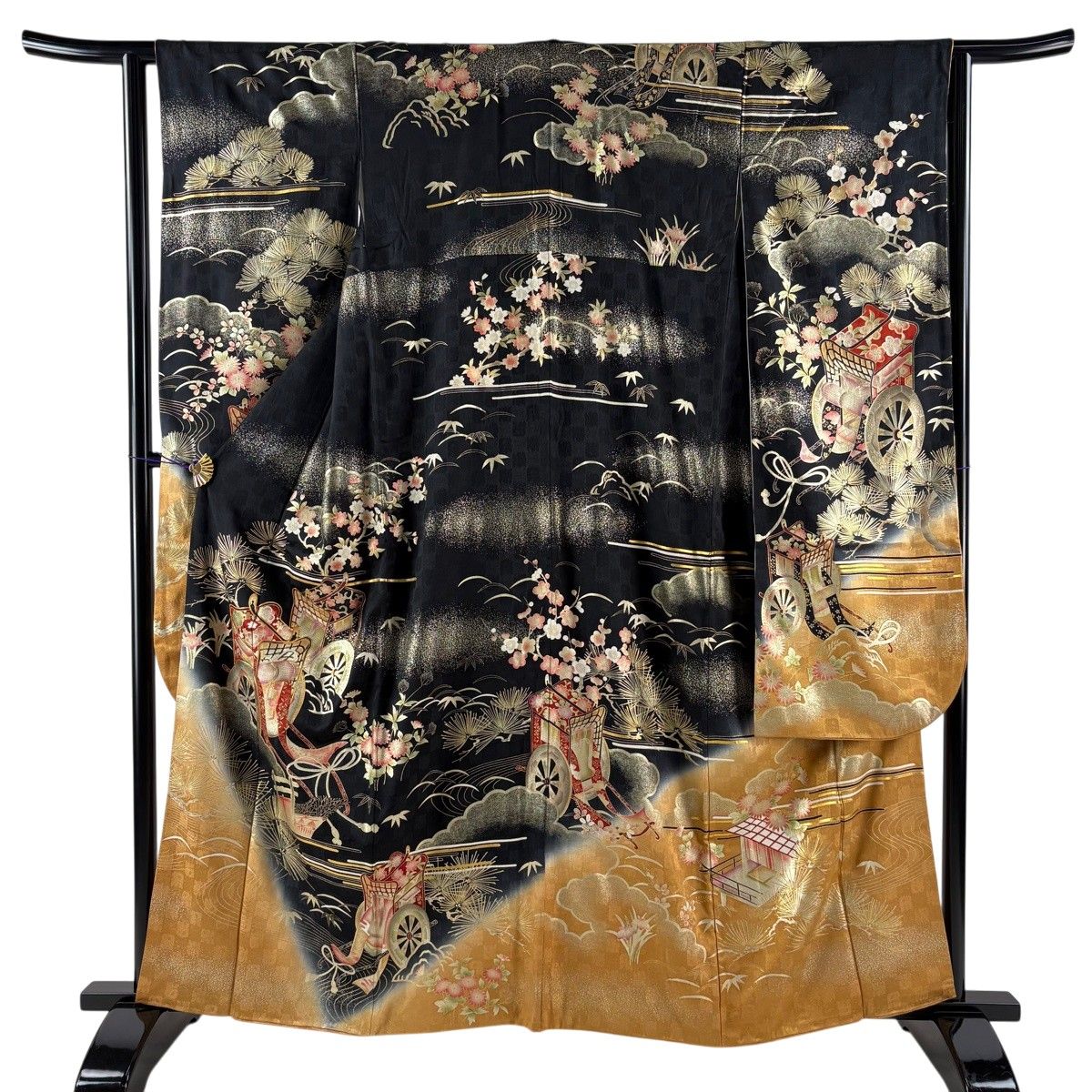 振袖 身丈161cm 裄丈62cm S 袷 御所車 松 金糸 金彩 黒 正絹 秀品 【中古】