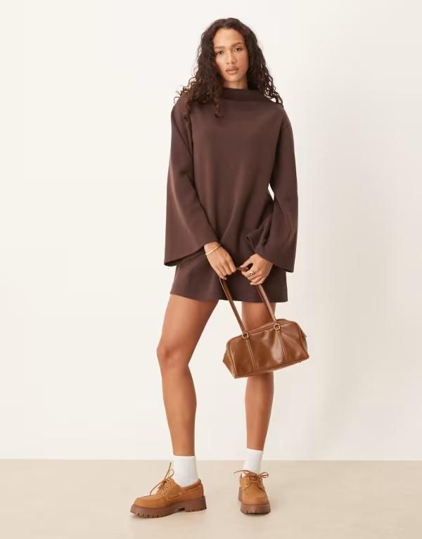エイソス レディース トップス ワンピース ミニワンピース ミニ ASOS DESIGN supersoft wide sleeve mini dress in chocolate Chocolate