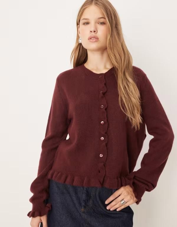 ジェイディーワイ レディース アウター カーディガン ニット JDY frill details knit cardigan Burgundy バーガンディ