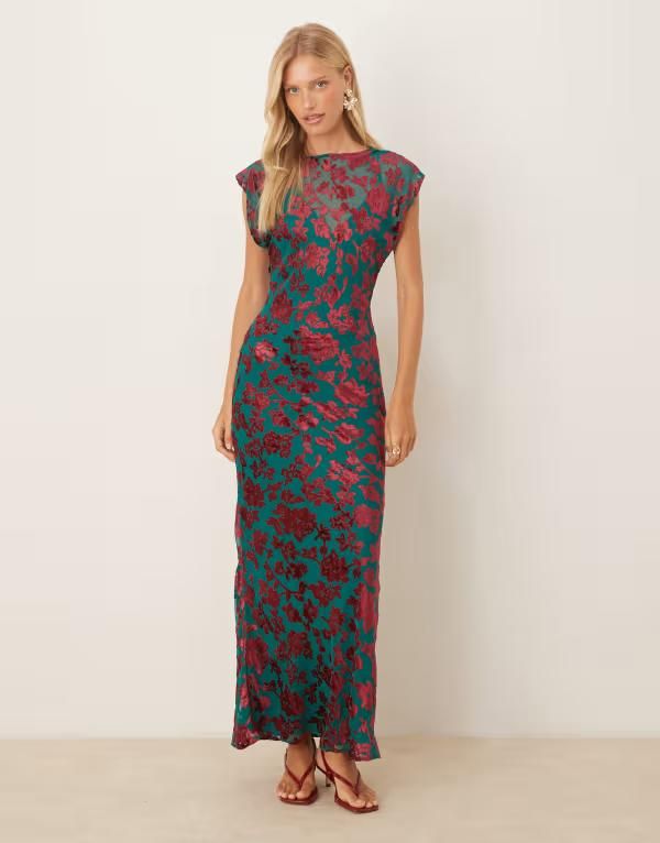 エイソス レディース トップス ワンピース クルーネック マキシワンピース フラワー柄 ベルベット ノースリーブ マキシ フラワー ASOS DESIGN velvet devore crew nec