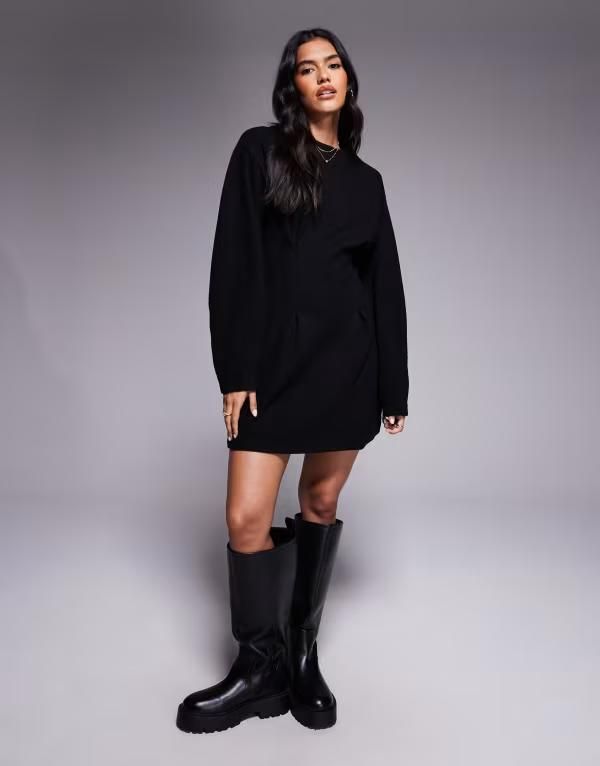 エイソス レディース トップス ワンピース ウエストマーク ミニワンピース ミニ ASOS DESIGN supersoft cinched waist mini dress Black ブラック