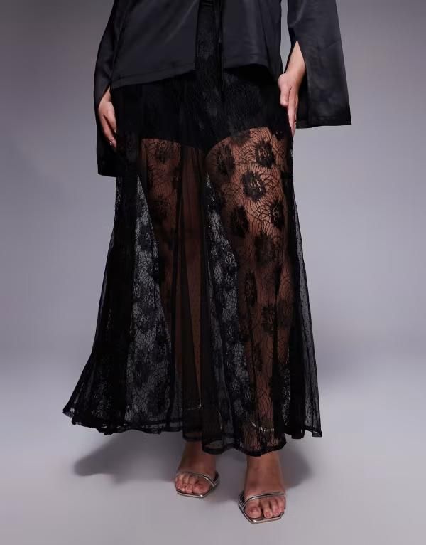 エイソス レディース ボトムス スカート シアー レース マキシ ASOS Curve ASOS DESIGN Curve sheer godet lace mix maxi skirt Black
