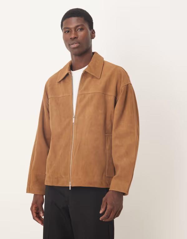 セレクティッド メンズ アウター ジャケット・ブルゾン スエード レザー ジャケット Selected 100 leather double zip suede jacket in light Bro