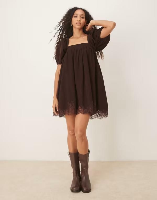 エイソス レディース トップス ワンピース レーストリム ミニ レース ASOS DESIGN cord square neck babydoll mini with puff sleeves and