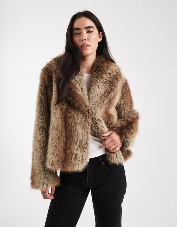 エイソス レディース アウター ジャケット・ブルゾン ジャケット ASOS DESIGN shawl collar faux fur jacket stripe Brown stripe ブラウン