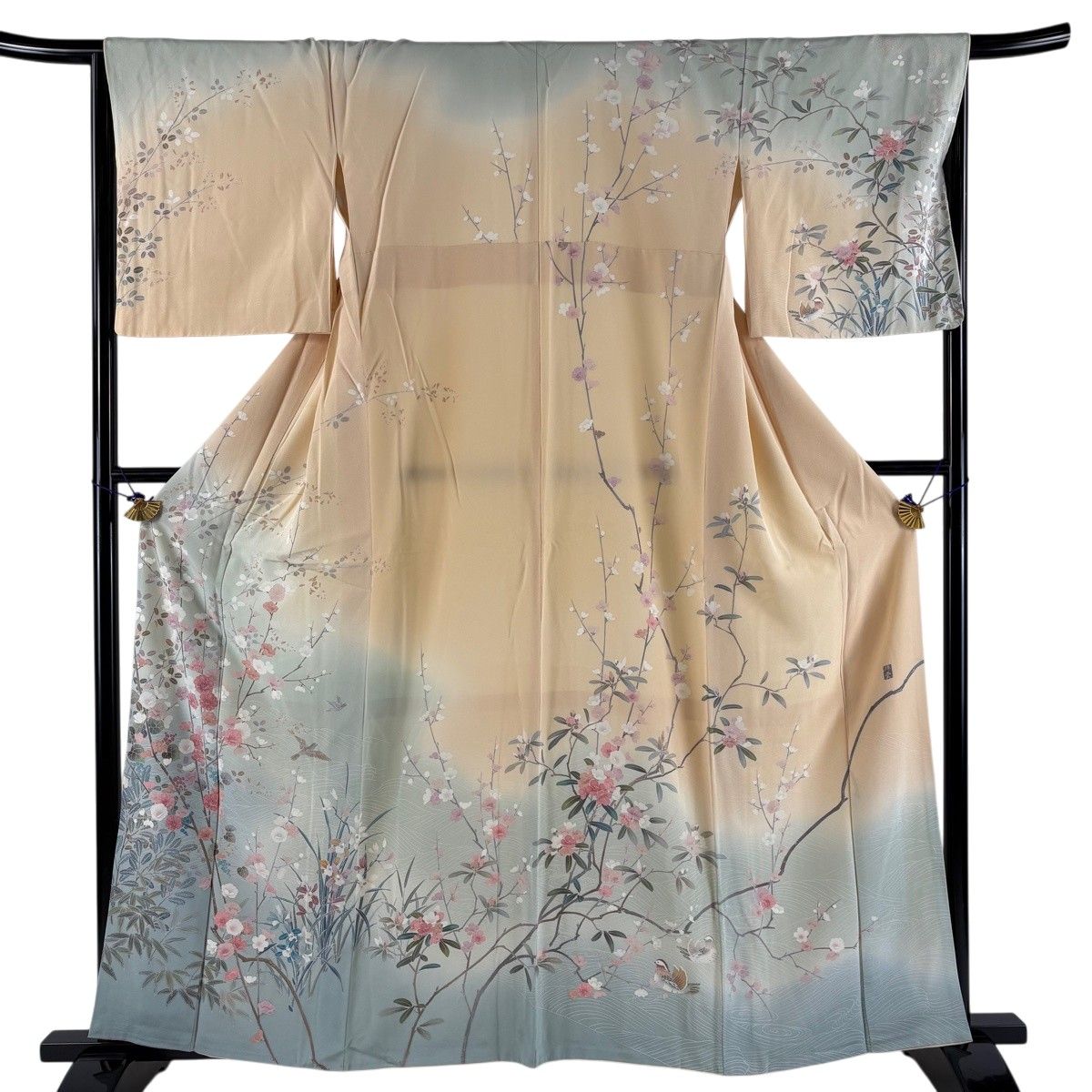 訪問着 身丈160cm 裄丈67cm M 袷 落款 枝花 鳥 染め分け ぼかし 薄オレンジ 正絹 秀品 【中古】