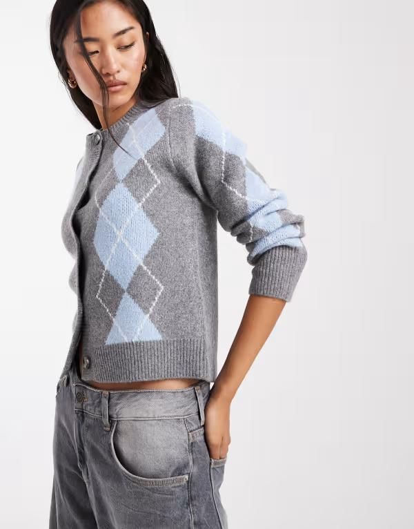 オンリー レディース アウター カーディガン ニット ONLY knit cardigan argyle Gray グレー