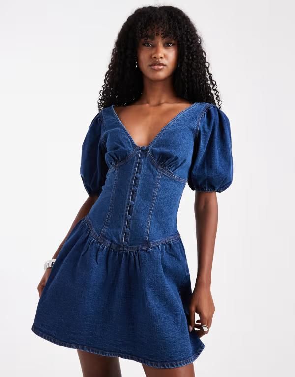 ミスセルフフリッジ レディース トップス ワンピース ミニワンピース ミニ デニム Miss Selfridge puff sleeve denim mini dress in indigo INDI