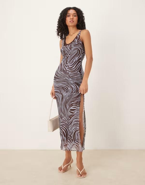 エイソス レディース トップス ワンピース ミディワンピース プリント ミディ ASOS DESIGN double layer scoop neck slip midi dress in choco