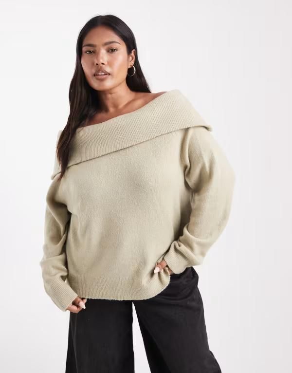 ブレーブソウル レディース アウター ニット・セーター プラスサイズ セーター Brave Soul Plus bardot sweater in sage SAGE GREEN グリーン