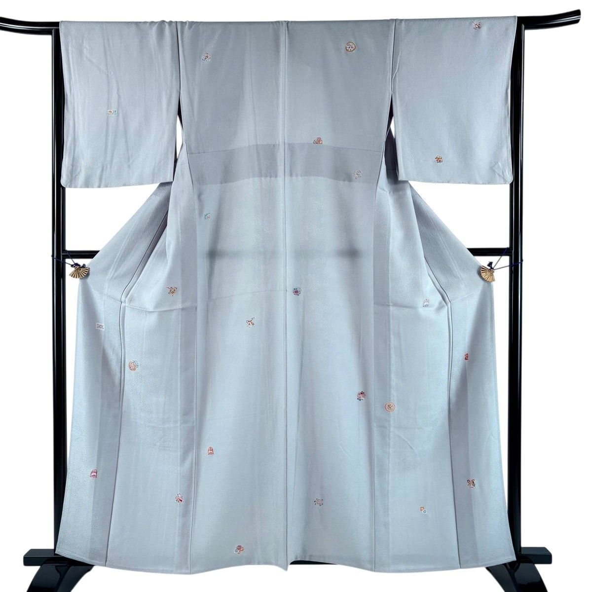 小紋 身丈160.5cm 裄丈66cm M 単衣 落款 華文 地紋 金彩 灰色 正絹 秀品 【中古】