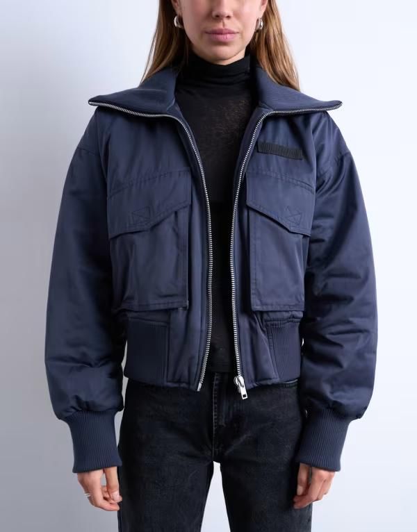 トップショップ レディース アウター ジャケット・ブルゾン リブ ジャケット Topshop ribbed wide collar short bomber jacket navy ネイビー