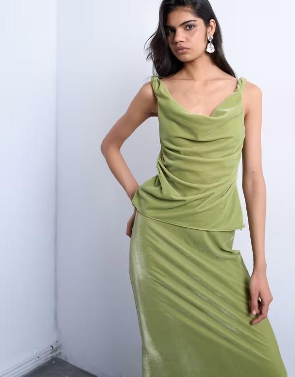 トップショップ レディース トップス タンクトップ ベルベット Topshop twist shoulder velvet cami top in avocado part of a set Avoc