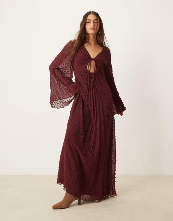 エイソス レディース トップス ワンピース ミディワンピース プリーツ ミディ ASOS DESIGN textured pleated midi dress with tie front Burgu